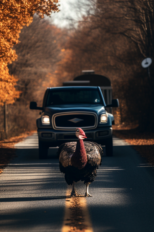 A Ford truck carrying a giant Thanksgiving turkey.