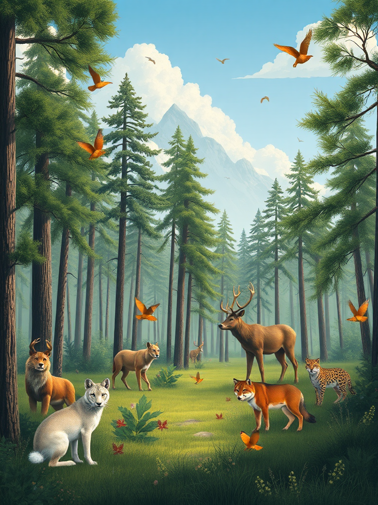 A Forest with Animals and Clear Sky View