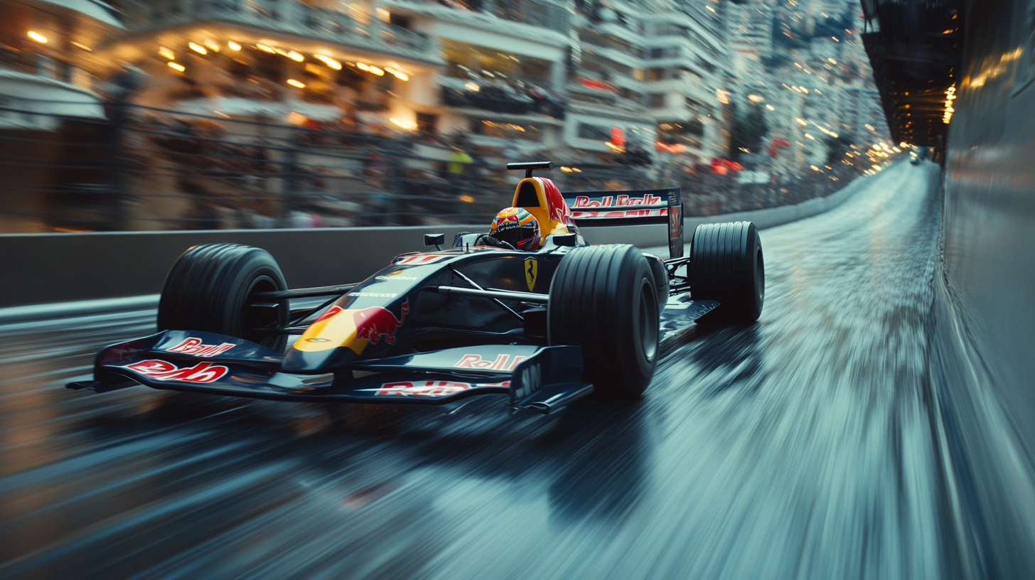 A Formula 1 Car Speeding Around a City Bend