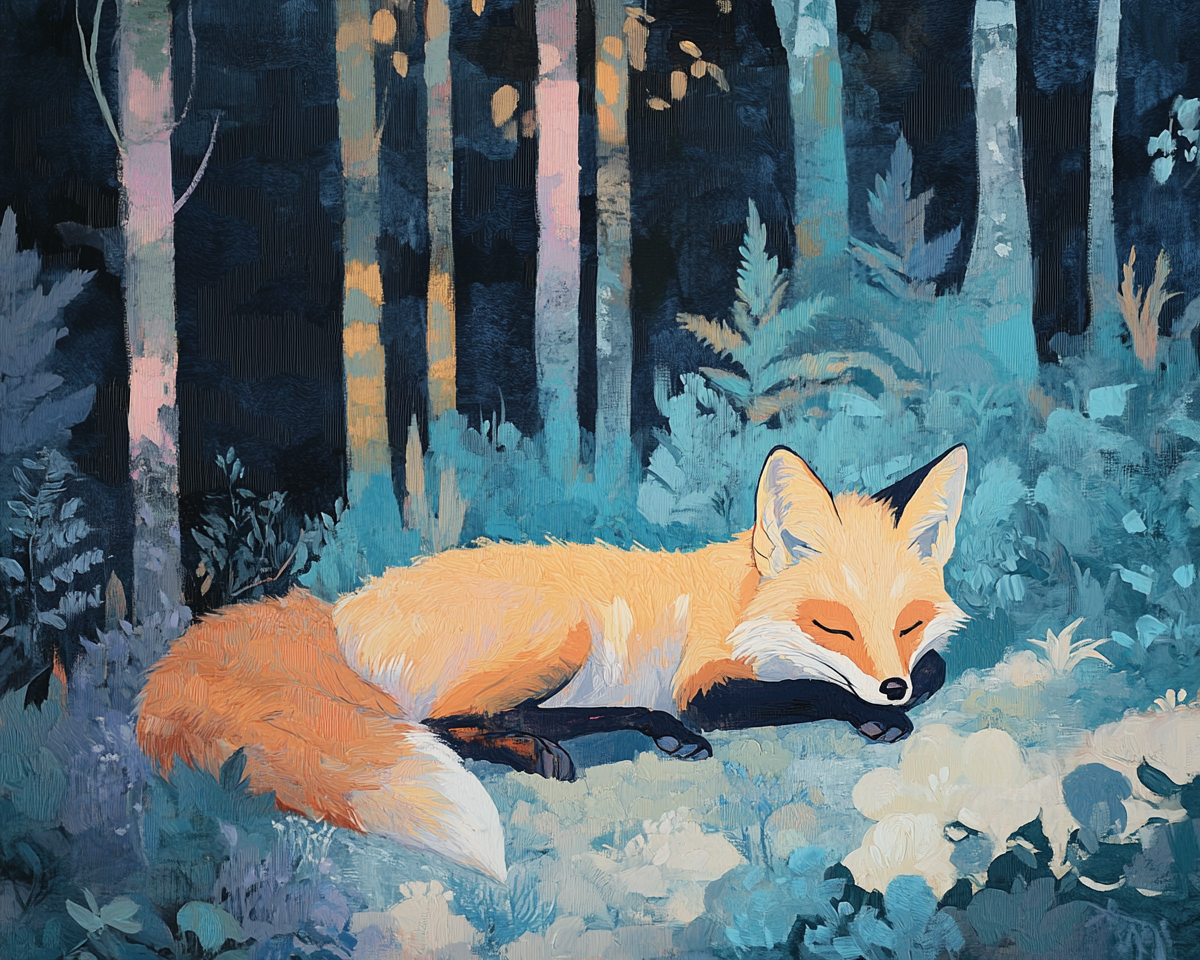 A Fox Resting in Moody Forest: Acrylic Painting