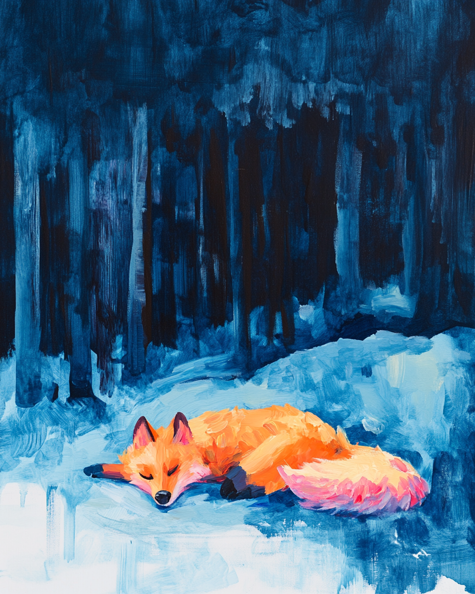 Acrylic Painting of a Fox Resting in Forest