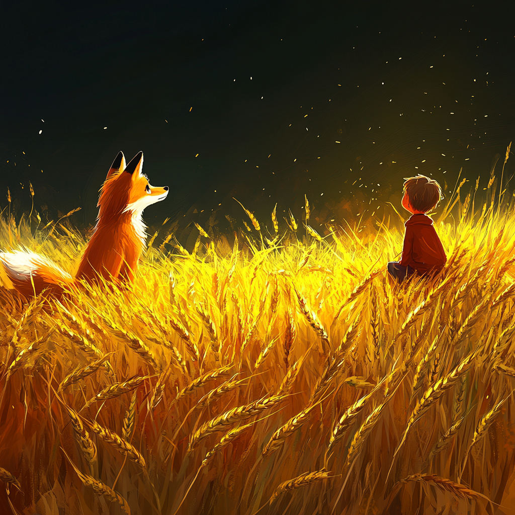 A Fox and Little Prince in glowing wheat field.