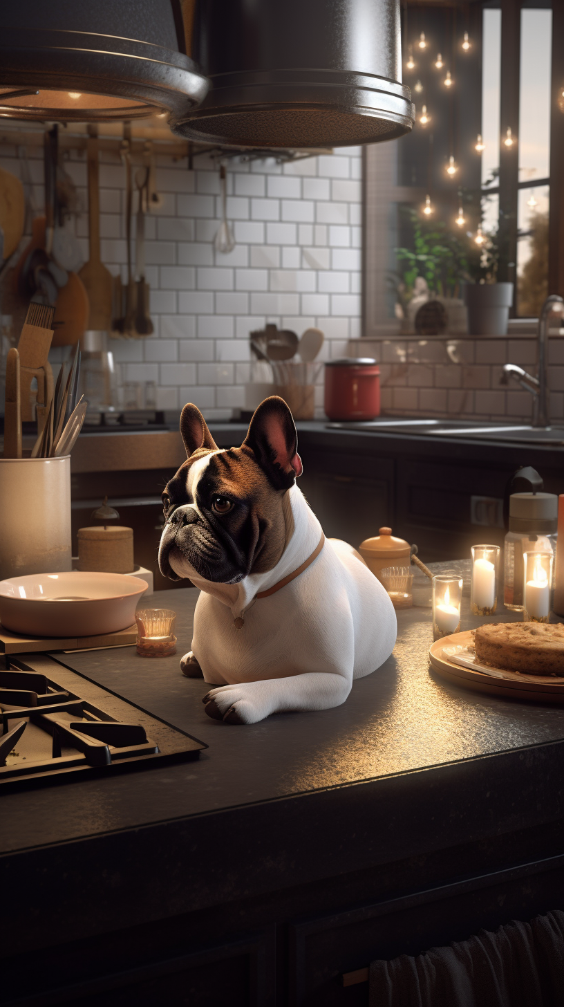 A French Bulldog Chef Cooking in Fancy Kitchen.