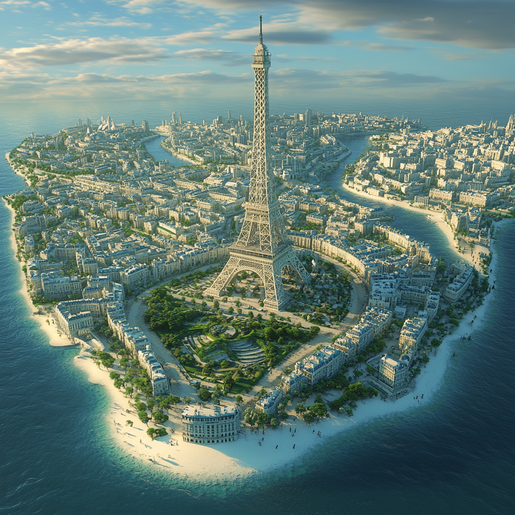 A French city on tropical island, shaped like Paris.