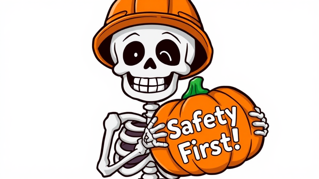 A Friendly Skeleton with Safety Helmet and Pumpkin.