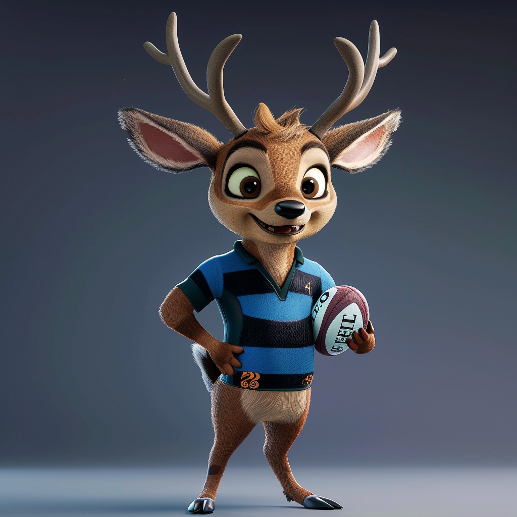 A Friendly Stag in Rugby Shirt Holding Ball