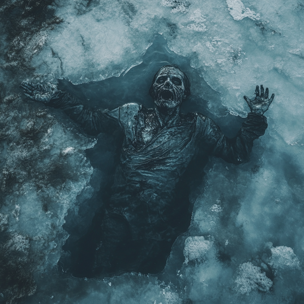 A Frozen Zombie Stuck Under Winter Lake