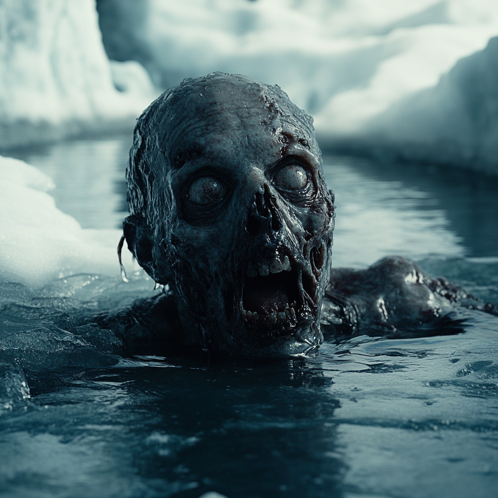 A Frozen Zombie Under Frozen Lake in Winter