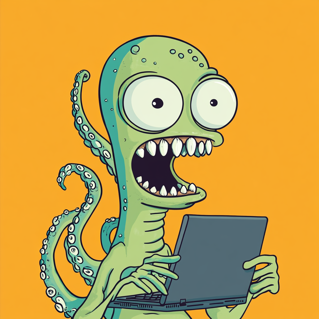 A Funny Alien Working on Laptop with Tentacles