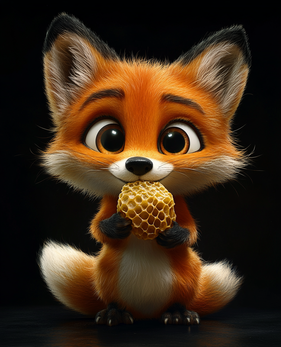 A Funny Fox Eating Honeycomb in Cartoon Style