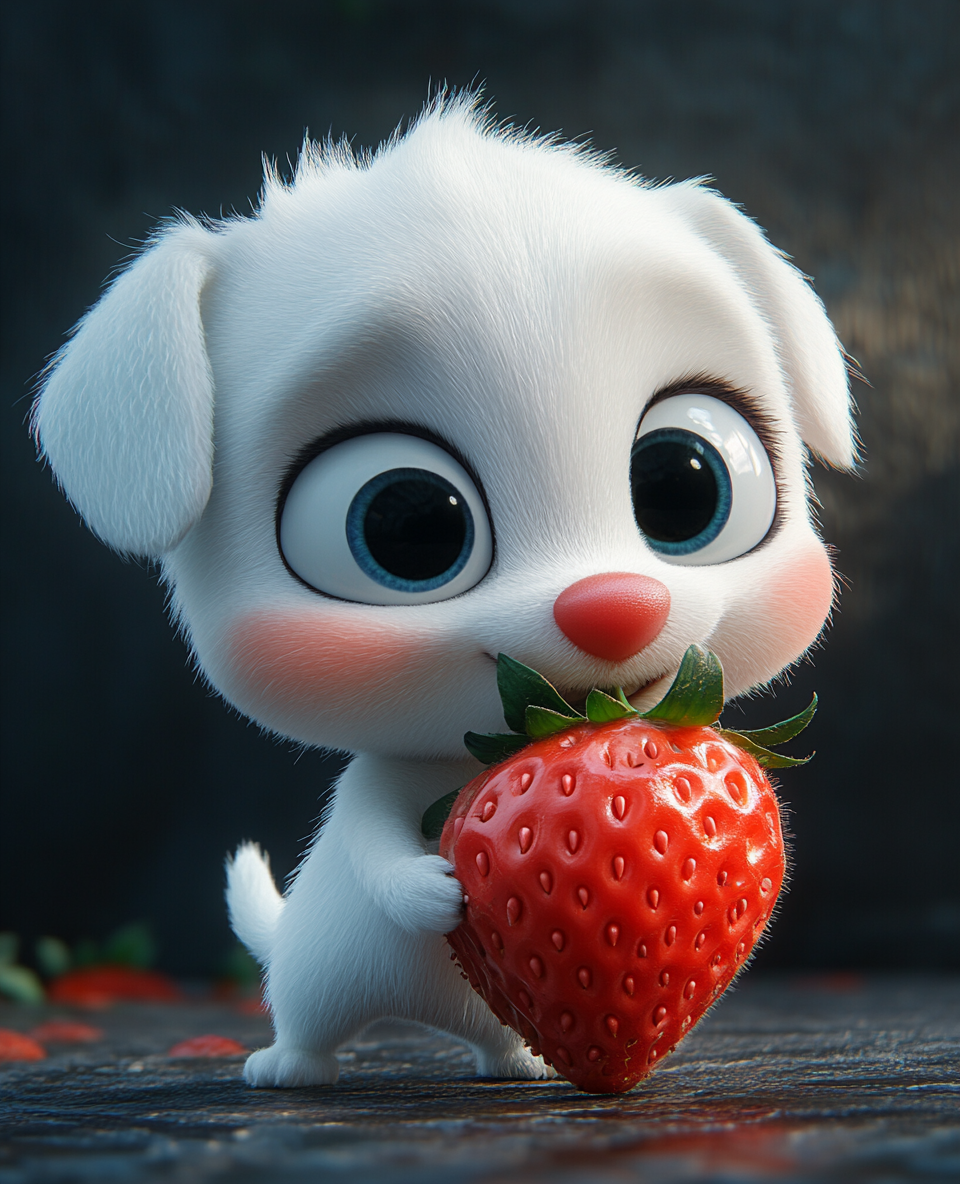 A Funny Puppy Eating a Strawberry Cartoon Style