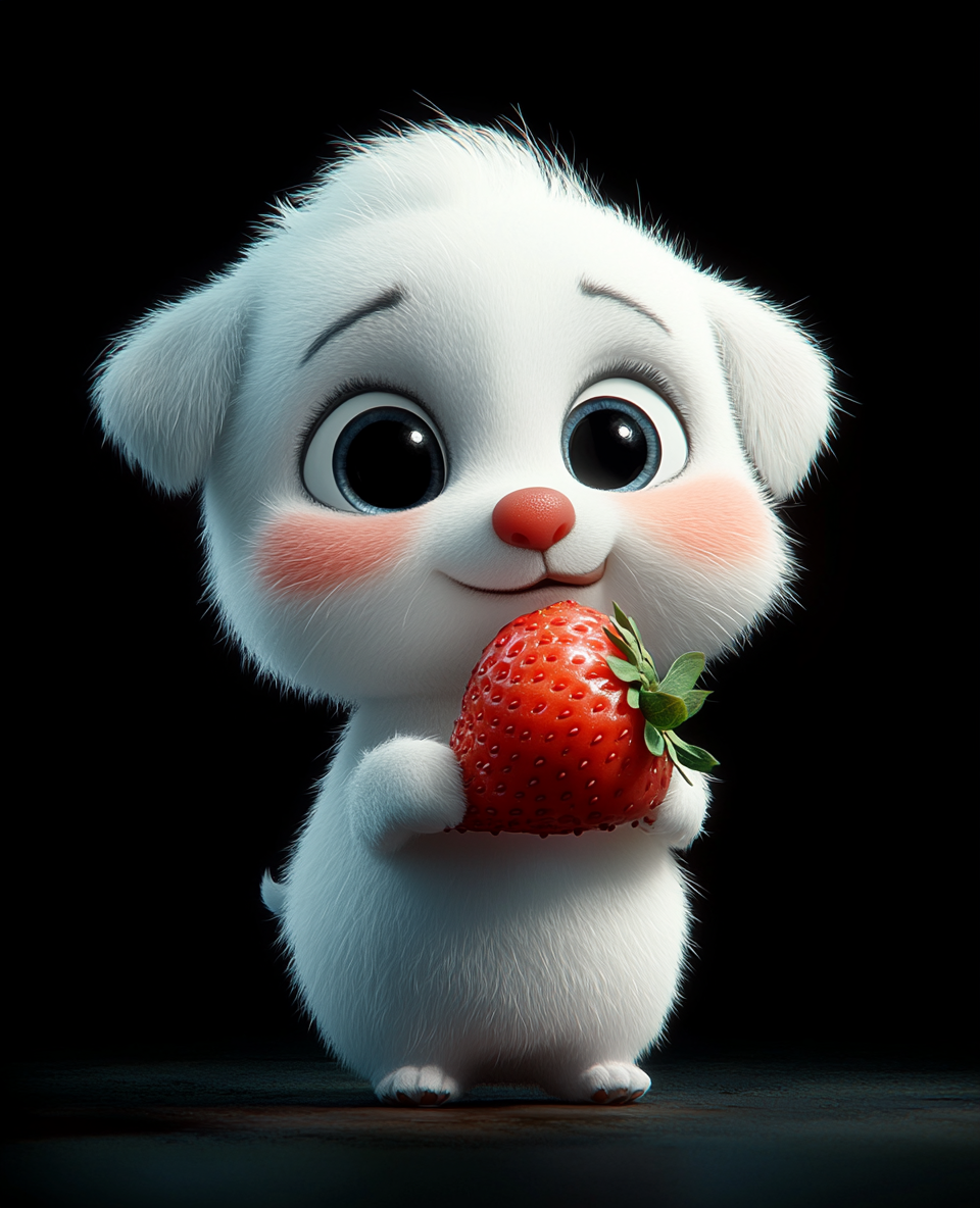 A Funny White Puppy Eating a Strawberry