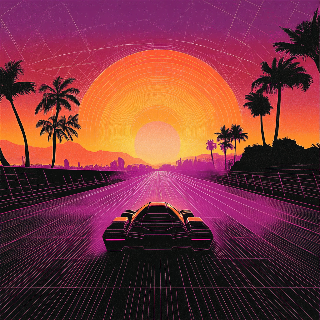 A Futuristic Car Racing in Retro Neon Sunset