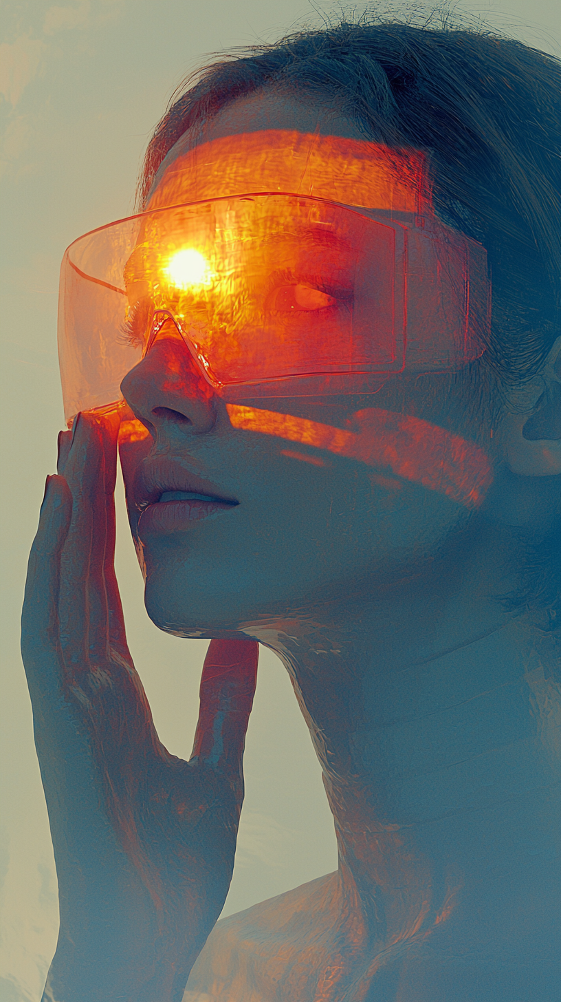 A Futuristic Figure Shielding Eyes in Desert Sun