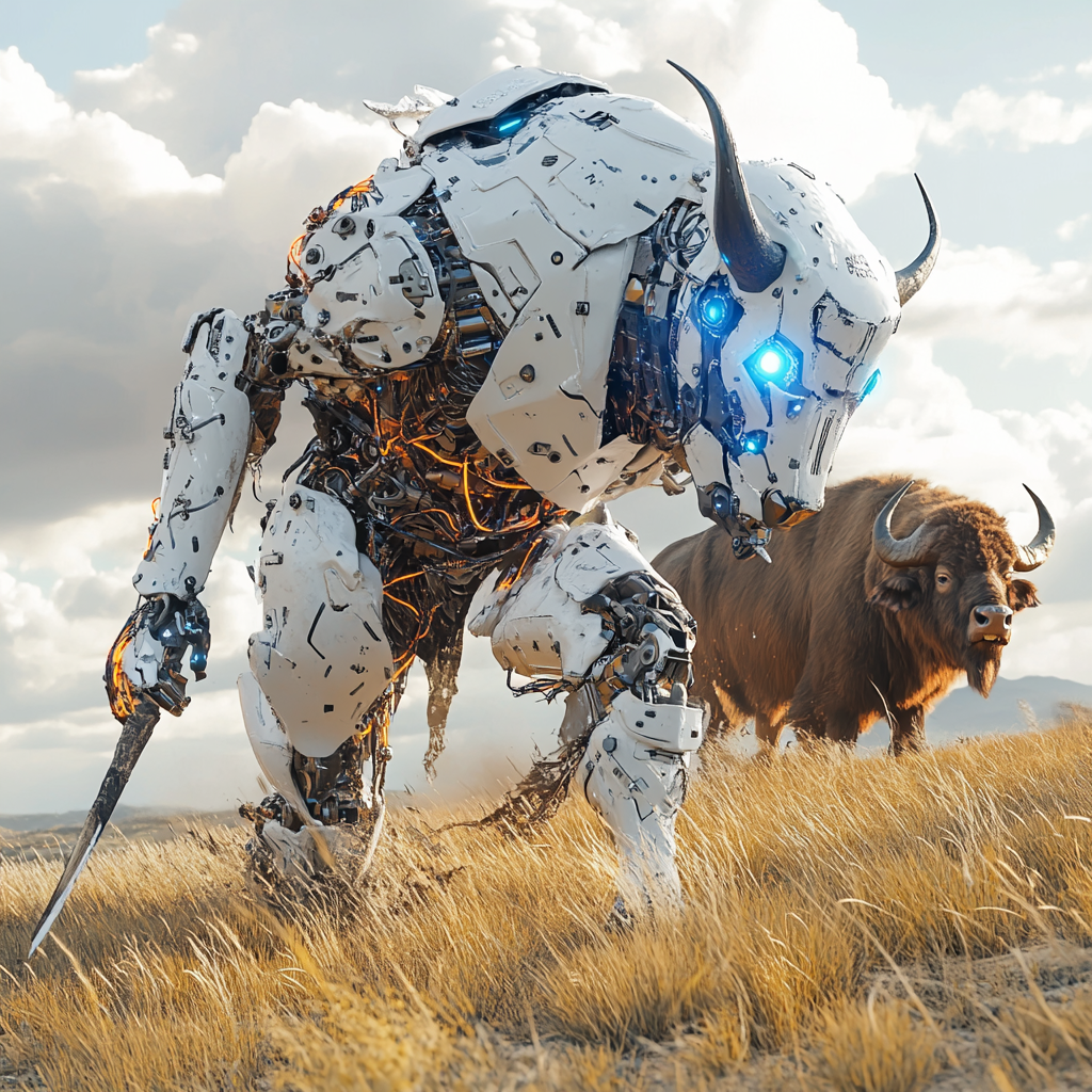 A Futuristic Robot Rabbit Hunting Buffalo in Plains