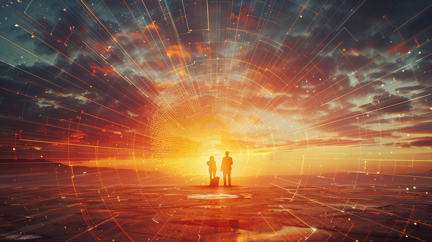 A Futuristic Sunrise with Digital Family Scenes