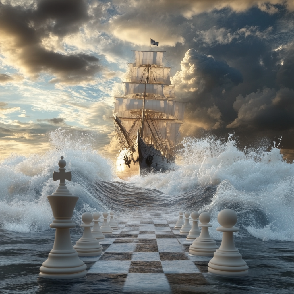 A Giant Chessboard Ship Sailing Through Dreamy Ocean.