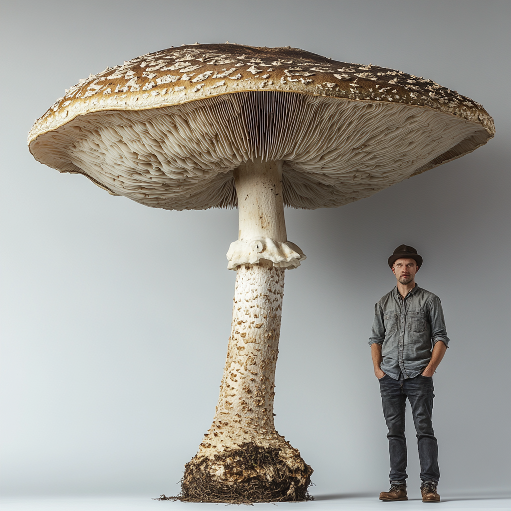 A Giant Mushroom Next to a Man