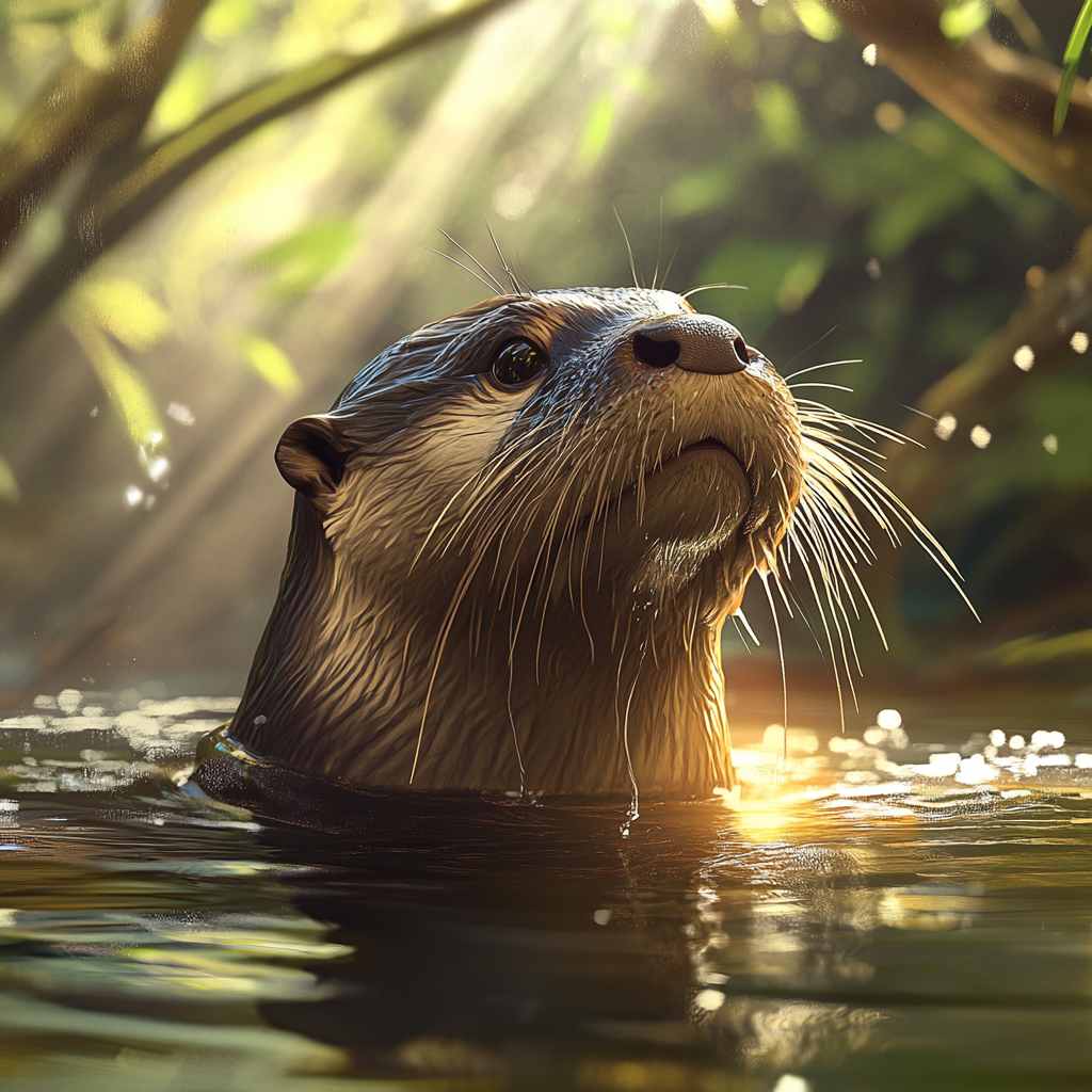 A Giant Otter Swimming in Amazon River Beauty.