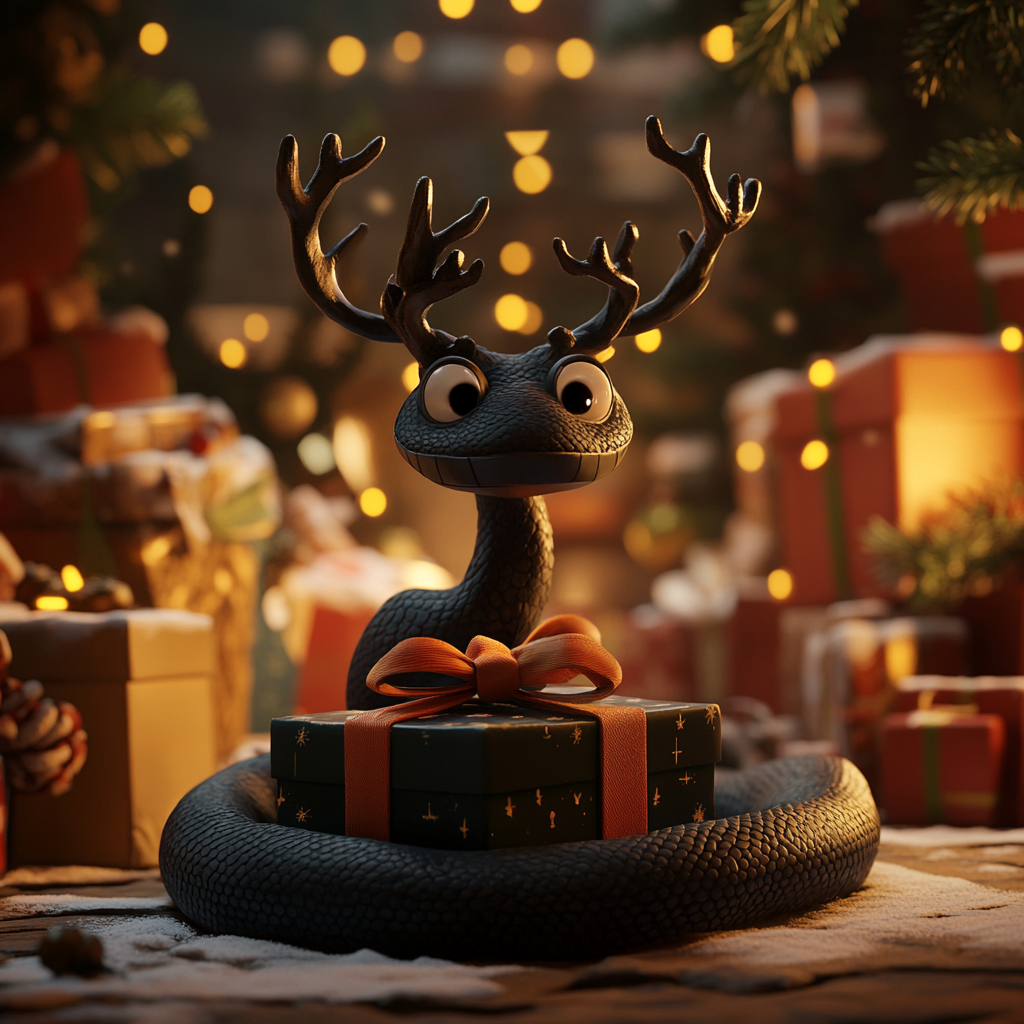 A Giant Snake with Reindeer Antlers on Presents