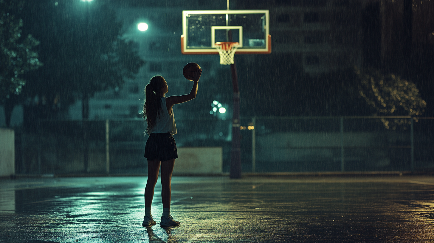 A Girl's Solo Nighttime Basketball Practice