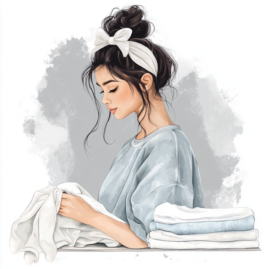 A Girl Folding Laundry with Watercolor Illustration