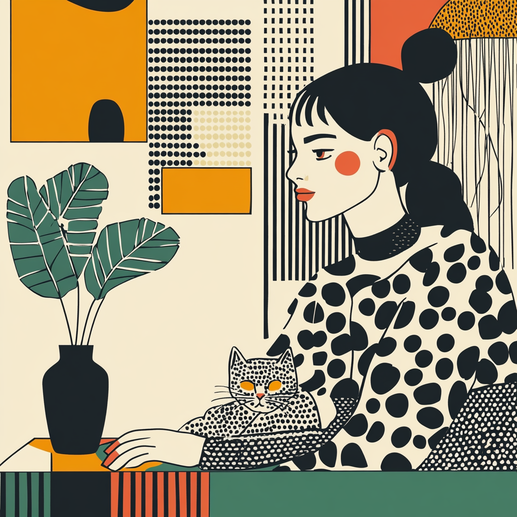 A Girl Playing with a Cat in Art Style