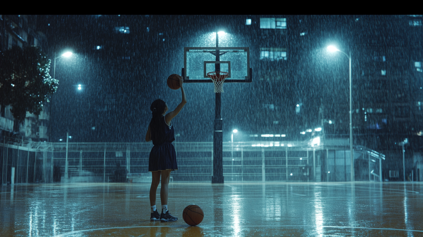 A Girl Practicing Basketball Alone at Night