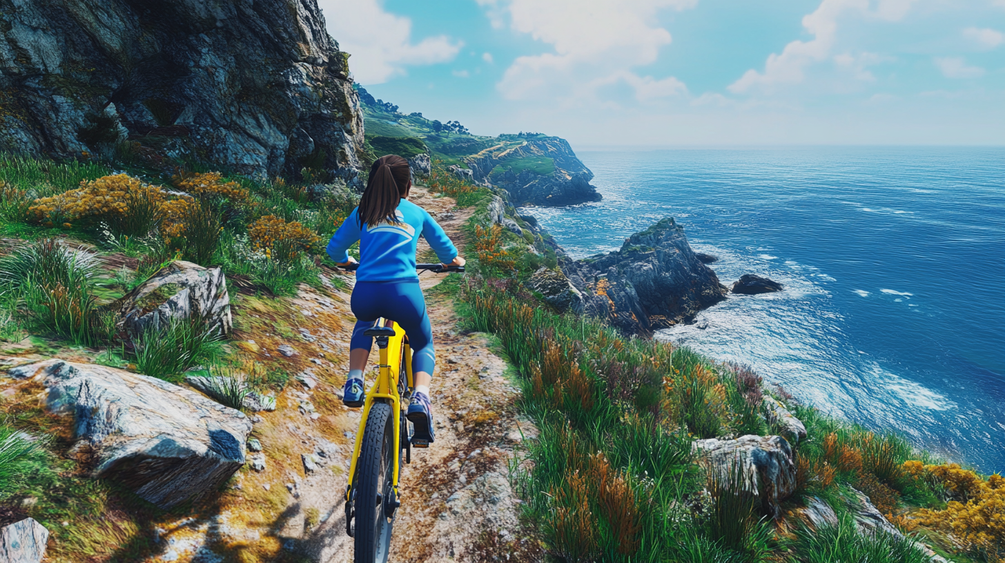 A Girl Riding a Yellow Bike Up Hill