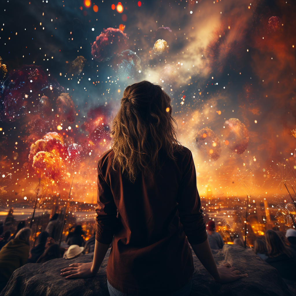 A Girl Watching Glowing Fireworks in Night Sky