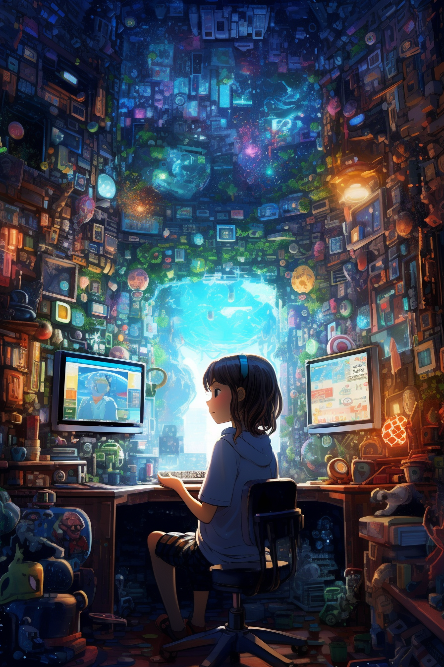 A Girl in Enchanting Futuristic Computer Wonderland