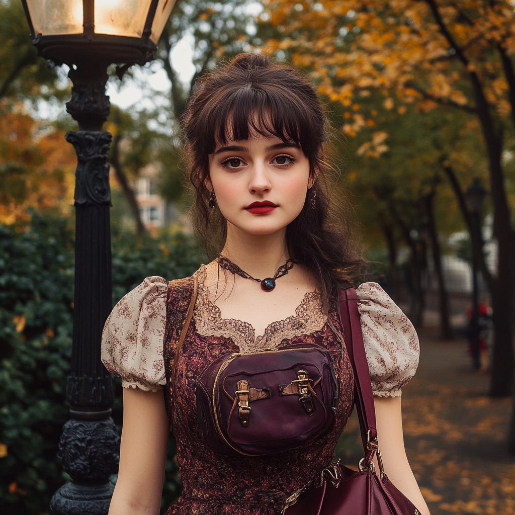 A Girl in Vintage Fairy Outfit Under Street Lamp