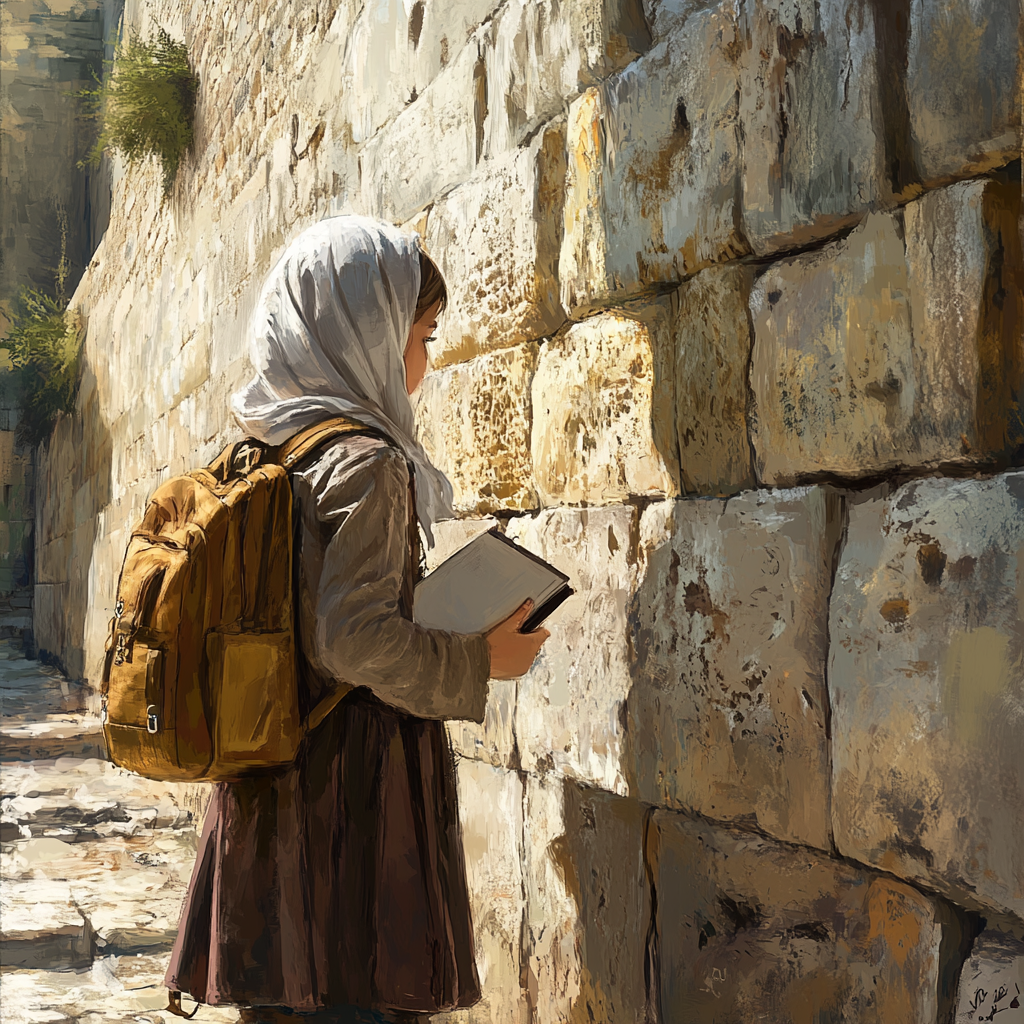 A Girl with Ponytail Facing Western Wall