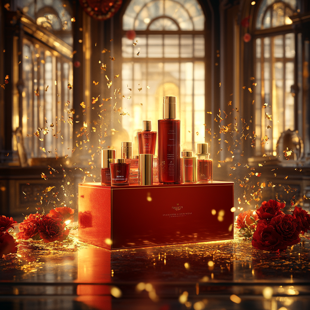 A Glamorous Beauty Product Showcase in Gold Room