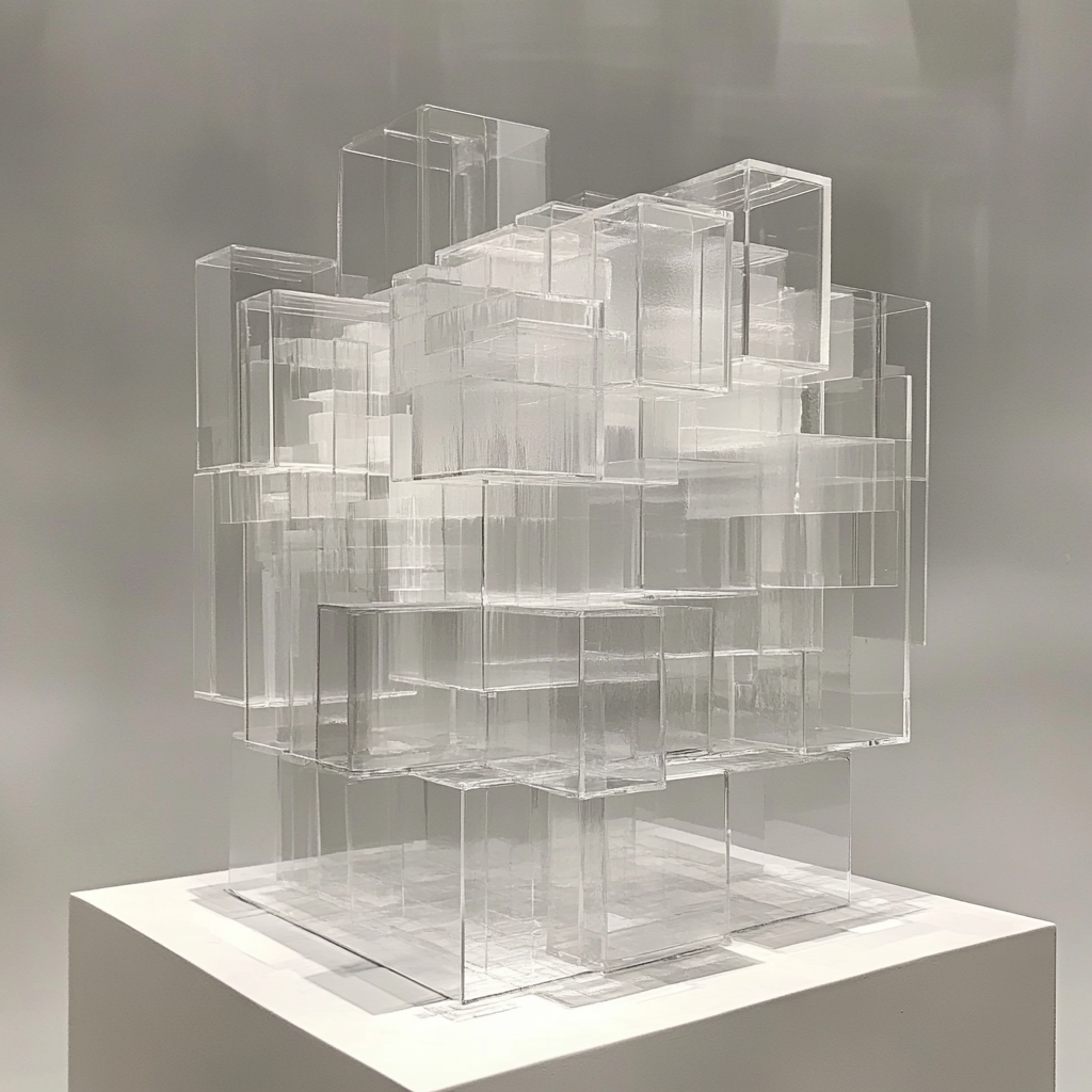 A Glass Cube with Transparent Boxes Installation