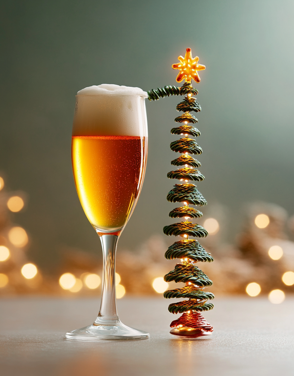 A Glass of Beer with Christmas Tree Stem