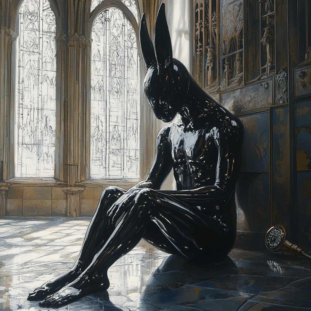 A Glossy Rabbit in Latex Suit at Abandoned Cathedral