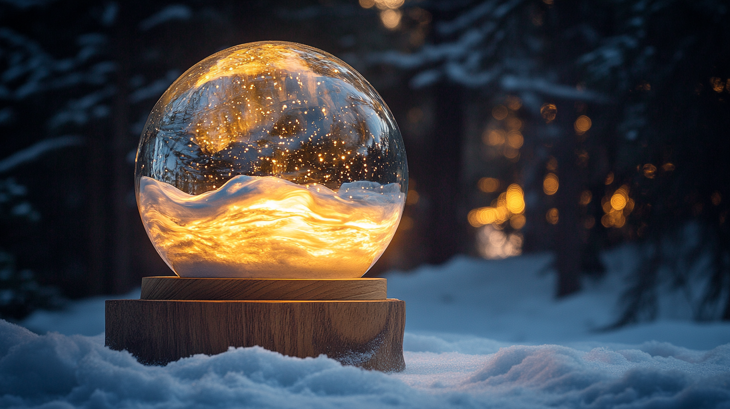 A Glowing Snow Globe in Nighttime Pine Forest