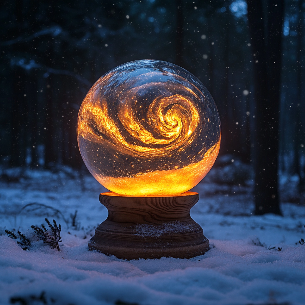 A Glowing Snow Globe in a Pine Forest