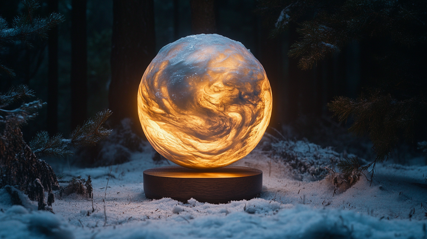 A Glowing Snow Sphere in Nighttime Pine Forest