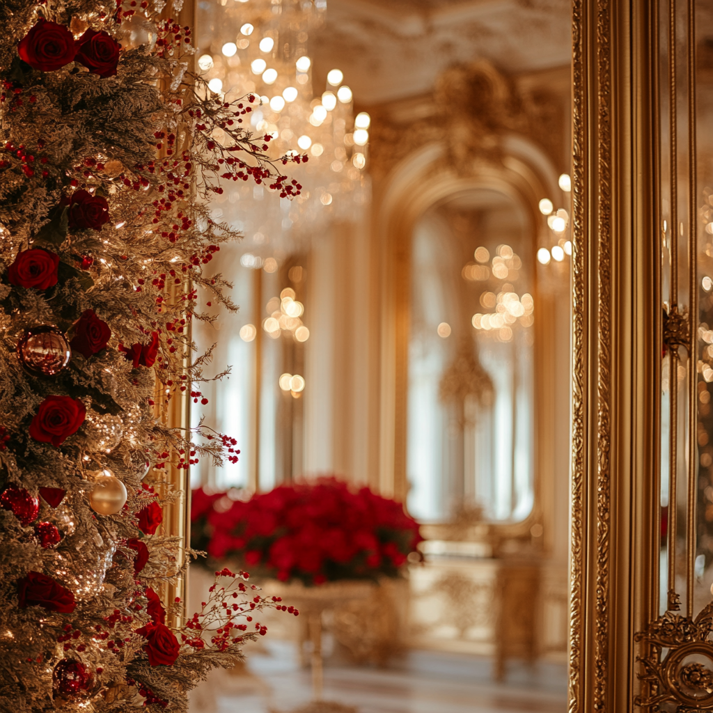 A Gold Door with an Ornate, Festive Room