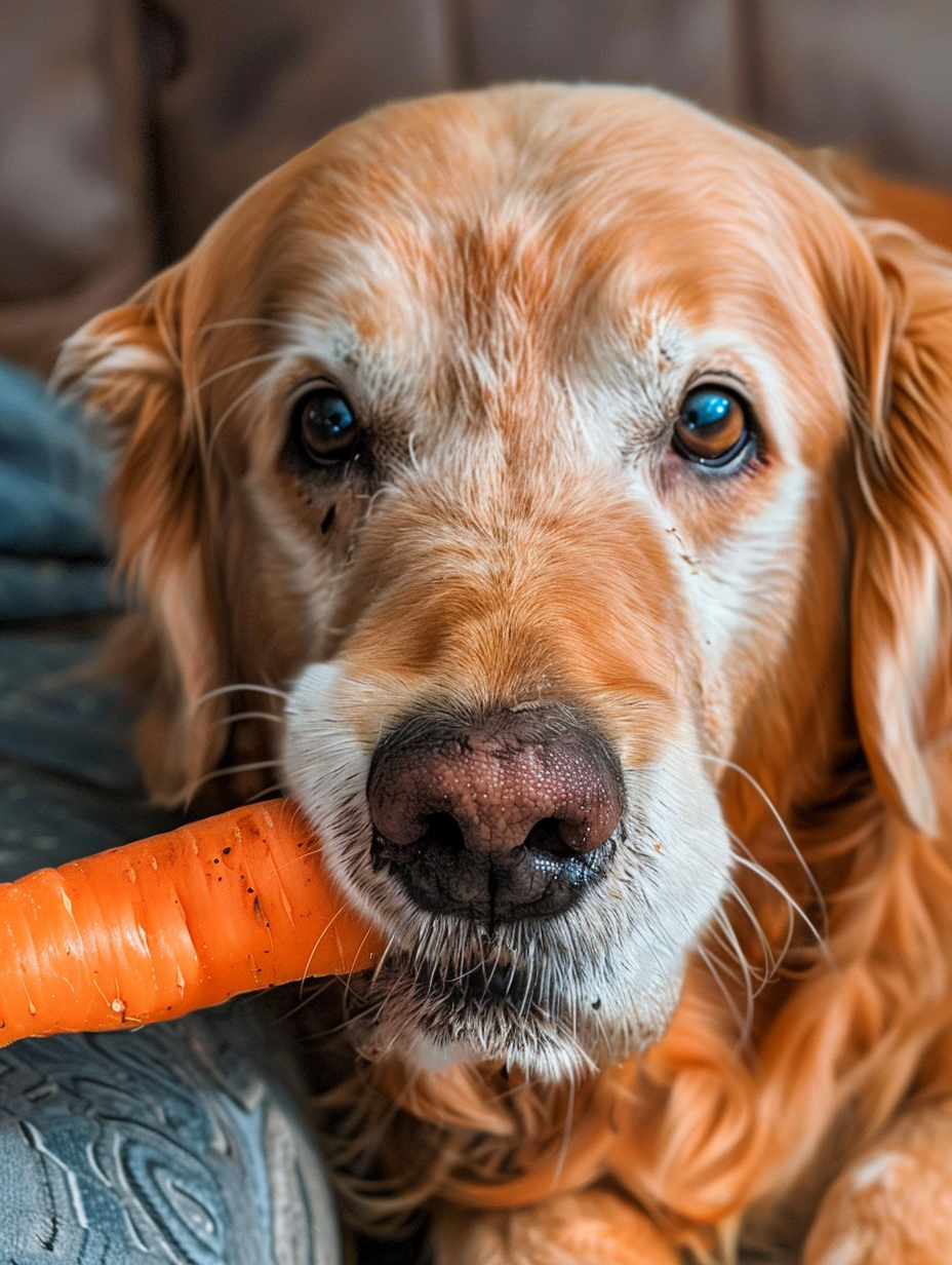 A Golden Retriever Holding a Carrot