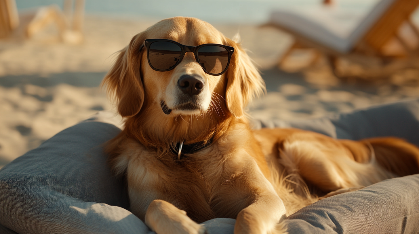 A Golden Retriever Relaxing on Beach Bed