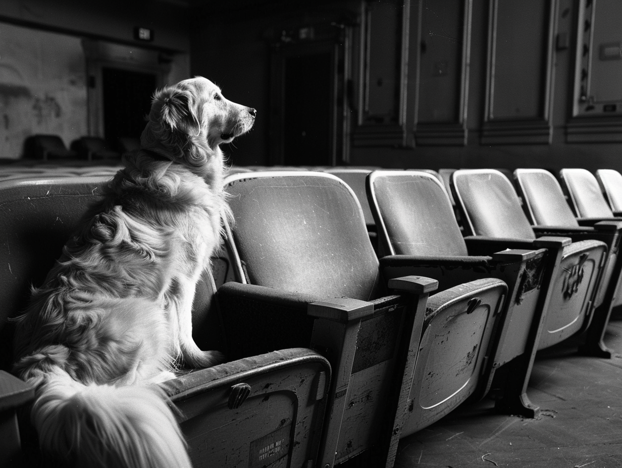 A Golden Retriever watching a quiet theater stage.