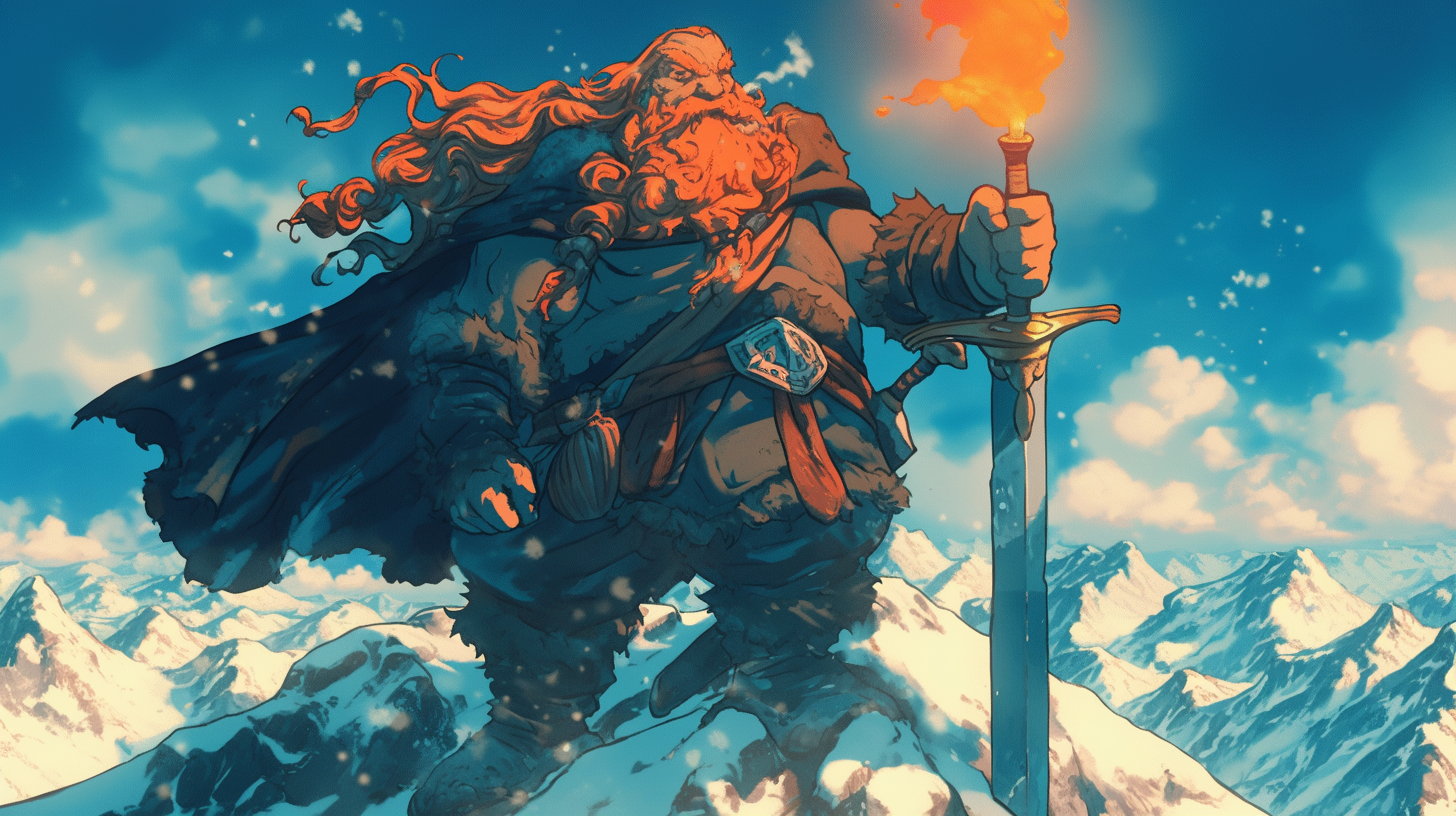 A Goliath on Mountain Peak with Flaming Sword