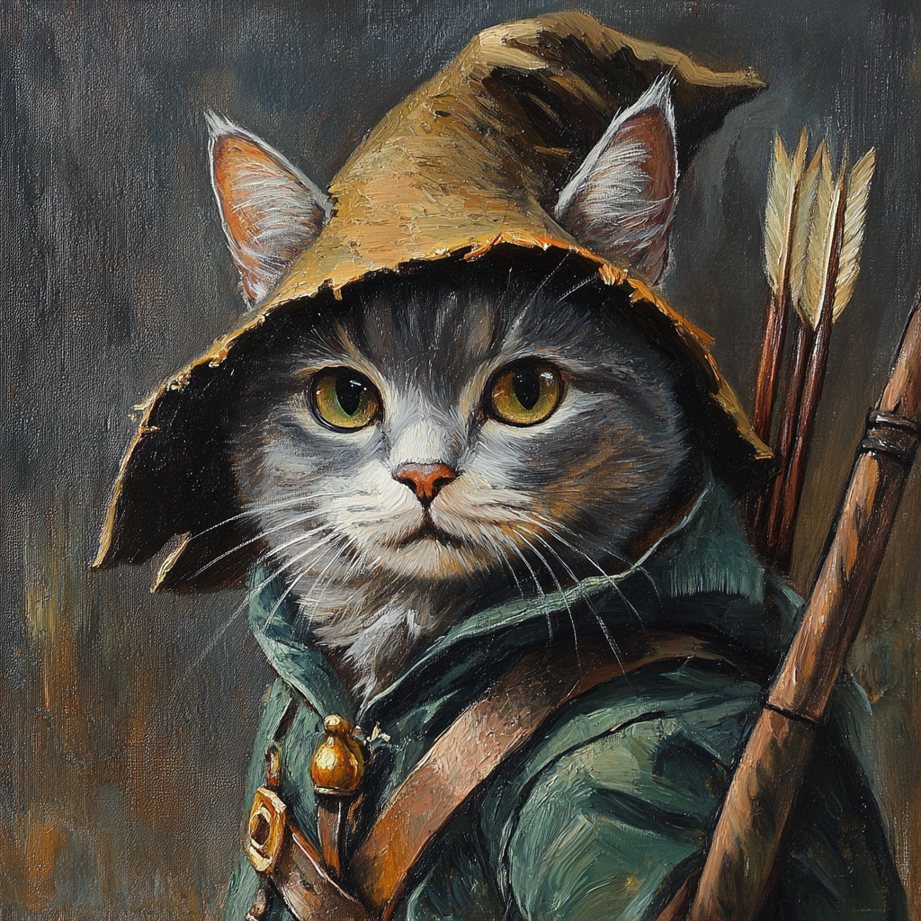 A Gray Cat Dressed as Robin Hood