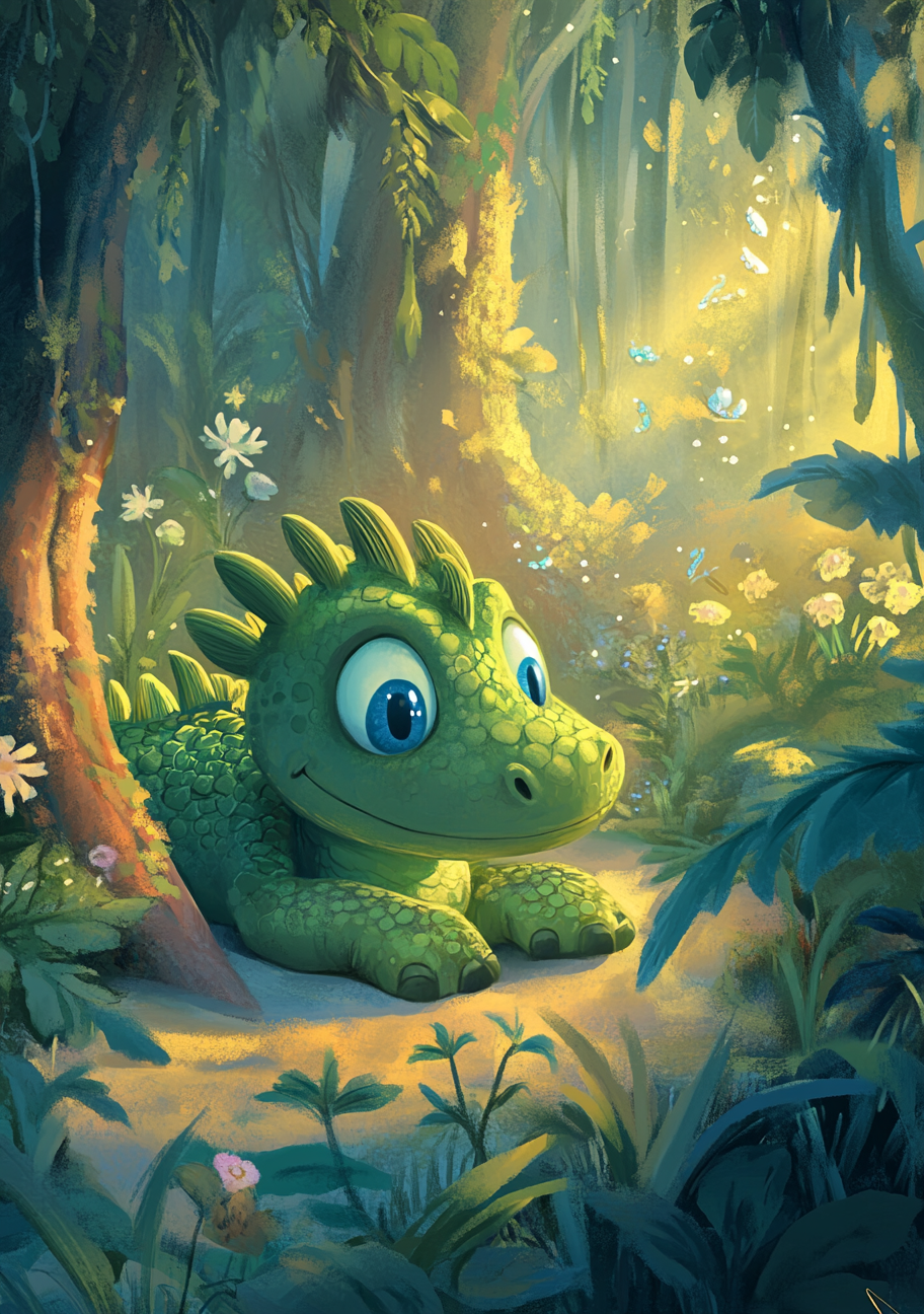 A Green Dragon with Blue Eyes in Forest