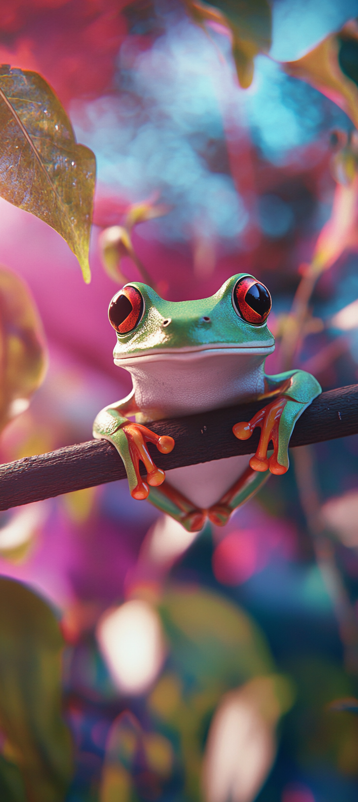 A Green Frog on Branch with Colorful Background