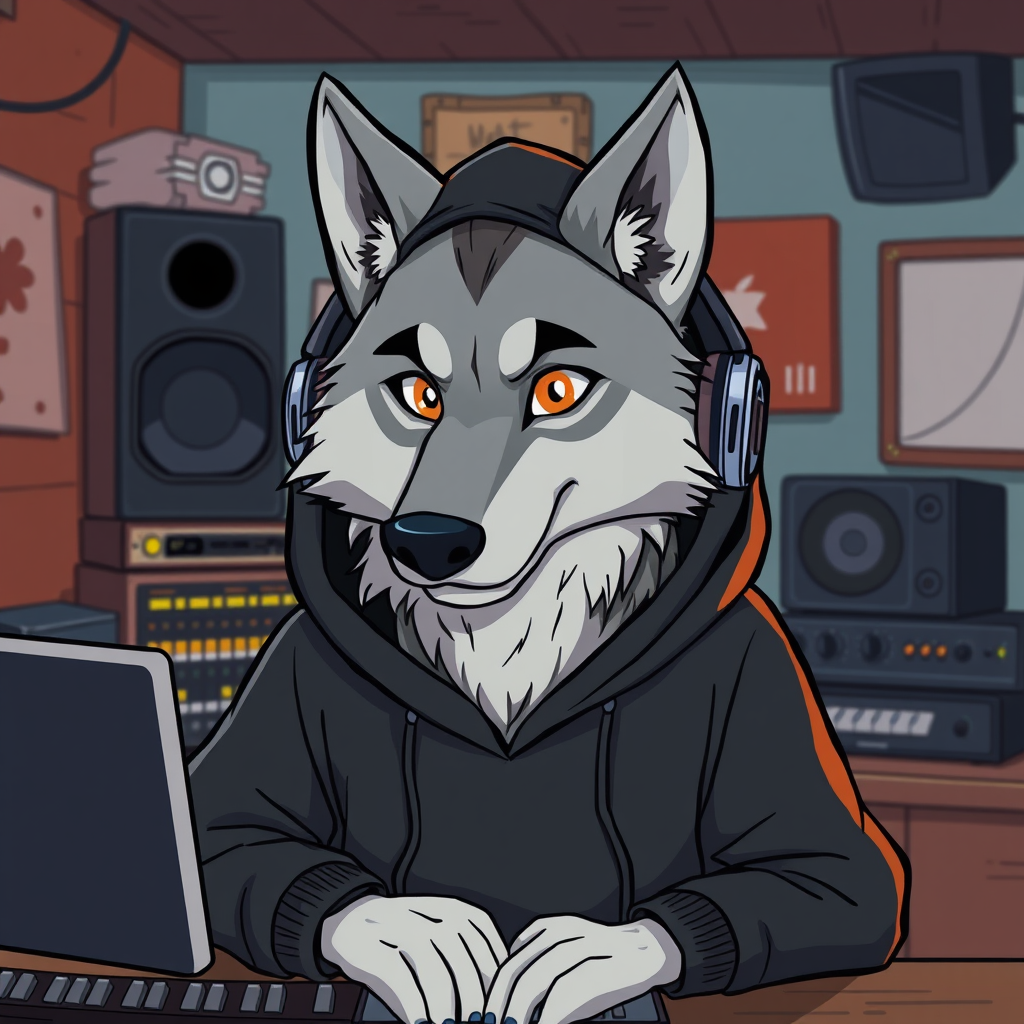 A Grey Wolf Producing Lofi Music at Home