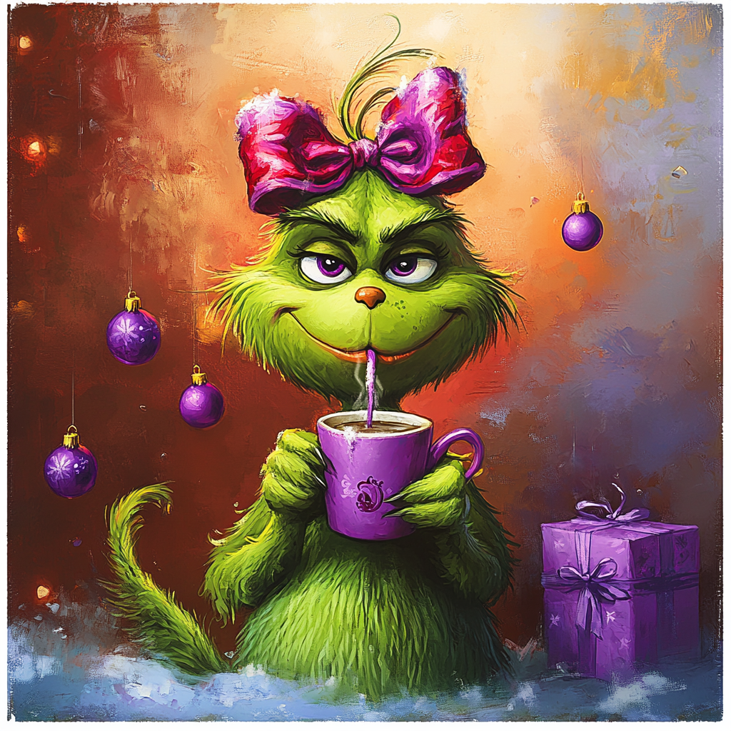 A Grinch with Purple Bow Celebrating Christmas Cheer